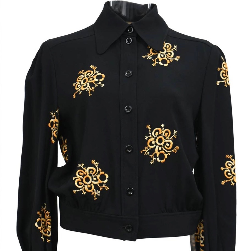 Chloé Black Long-Sleeve Button Shirt with Gold Embroidery